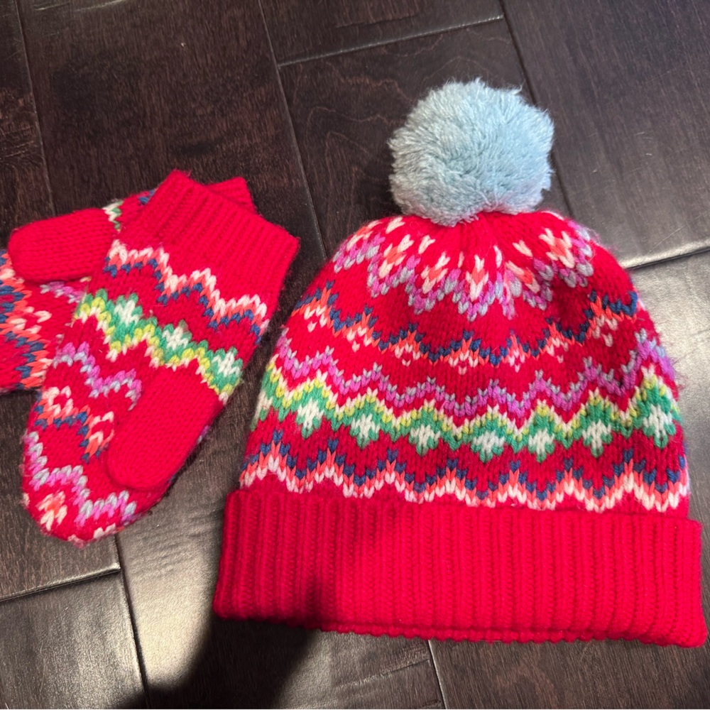 Mini Boden Red Knit Hat and Mittens Set